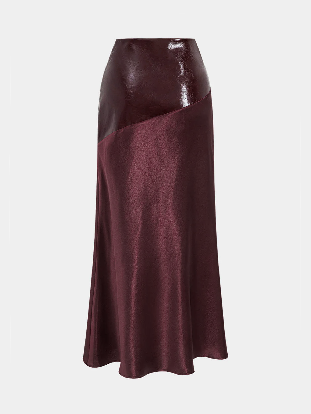 Faux Leather Panel Asymmetric Satin Maxi Skirt for Women's Evening Wear