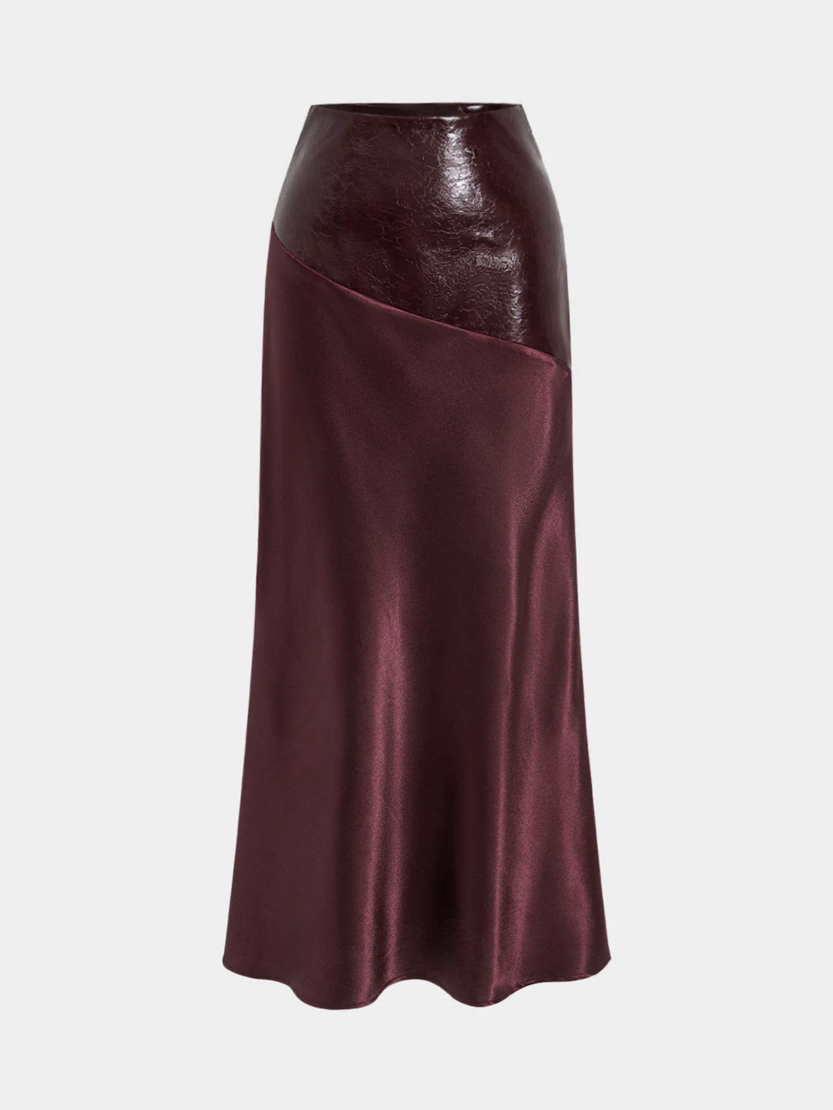 Faux Leather Panel Asymmetric Satin Maxi Skirt for Women's Evening Wear