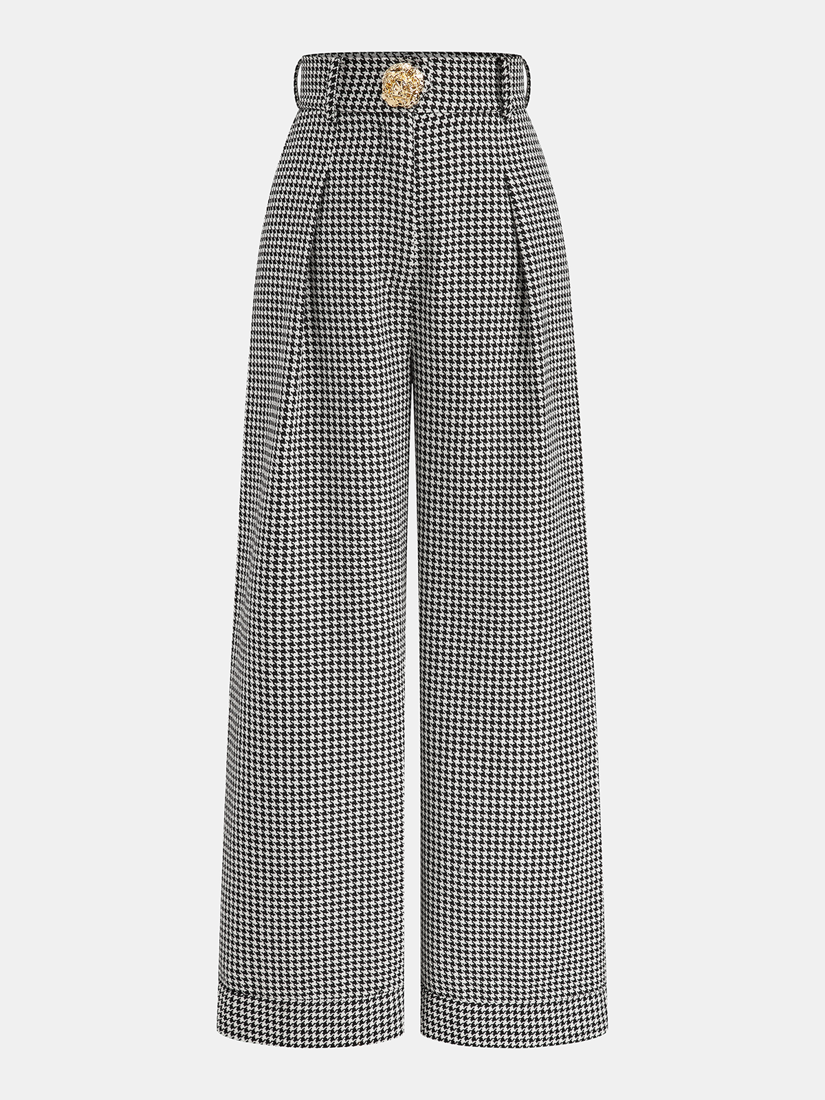Houndstooth Pleated Buttoned Wide Leg Fashion Pants for Women
