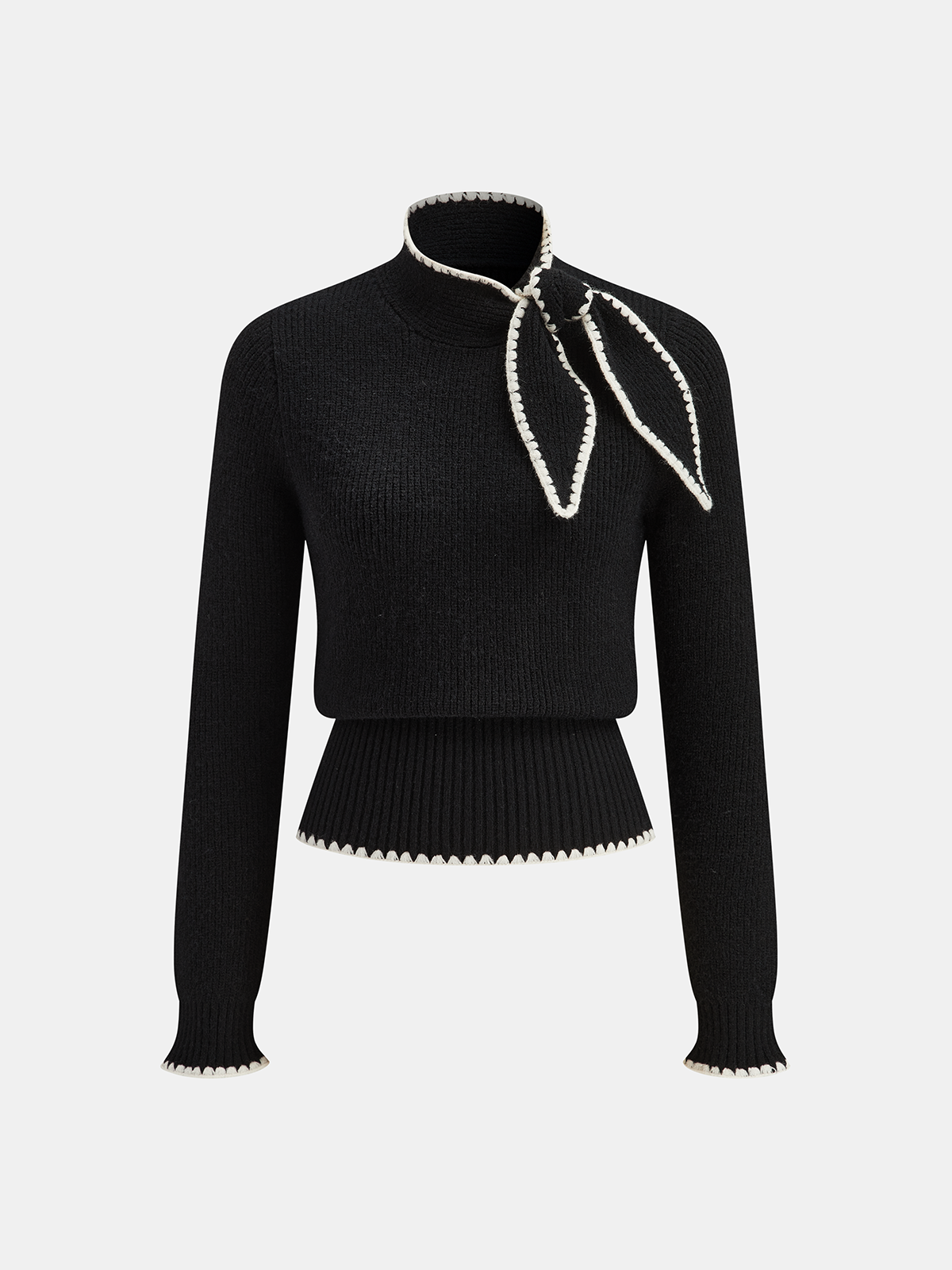 Mock Neck Tie Neck Contrast Stitch Sweater for Women Cozy Winter Fashion