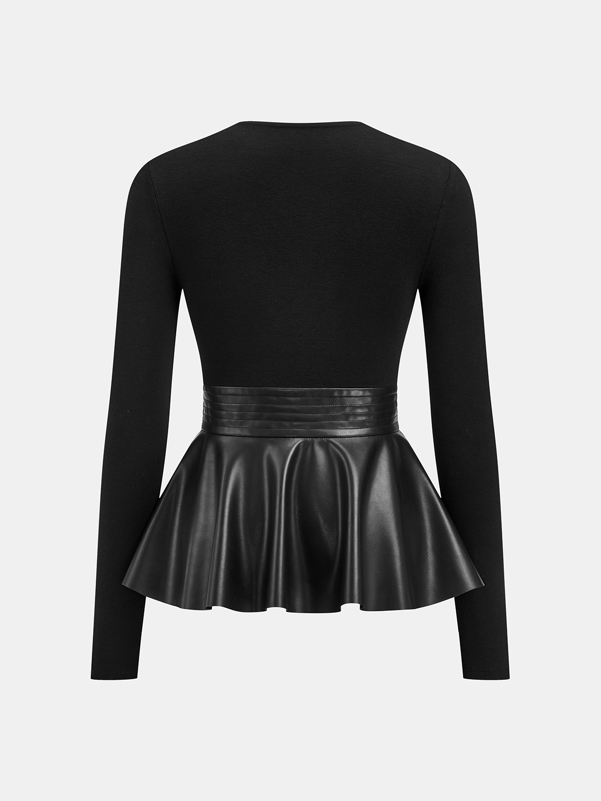 Faux Leather Peplum Long-Sleeve Top for Women Trendy Fashion