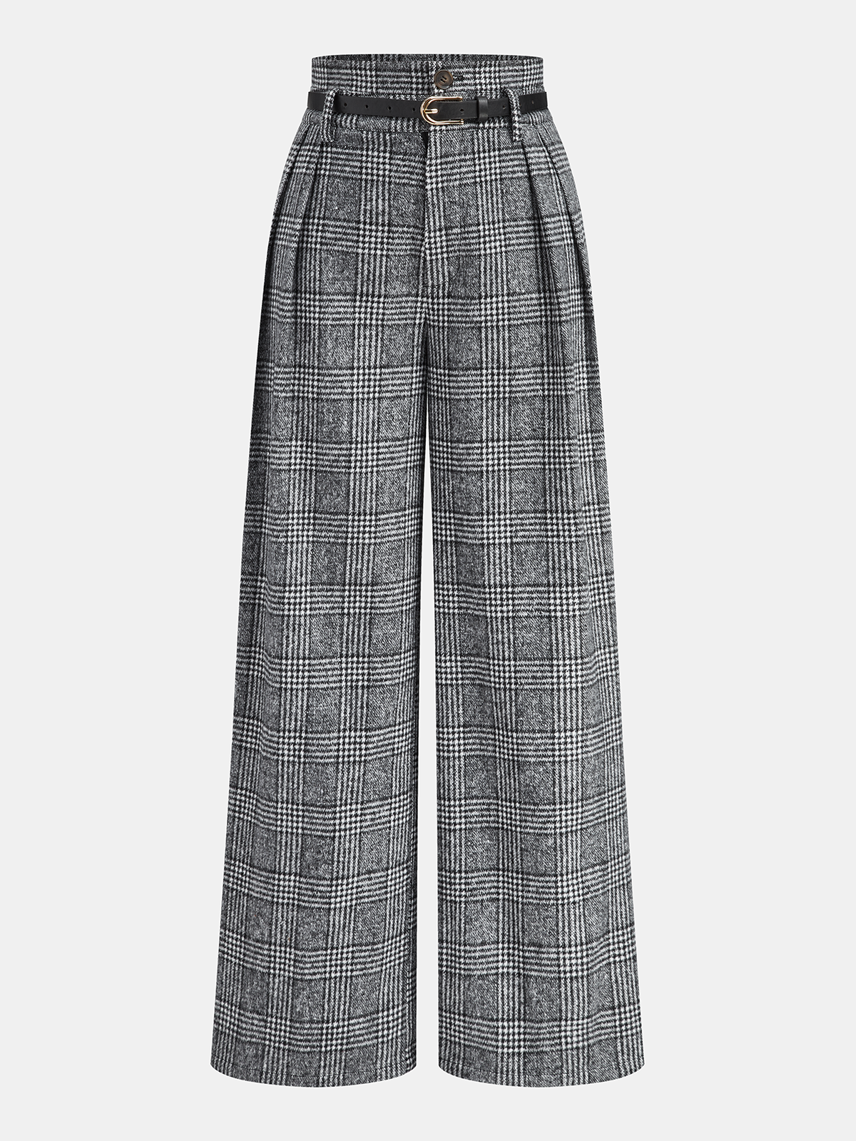 Belted Plaid High-Waisted Pants with Classic Design for Women