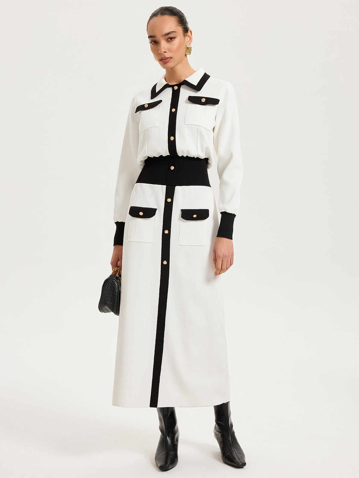 Collared Metal Button Contrast Trim Knit Maxi Dress with Side Slits and Waist Tie