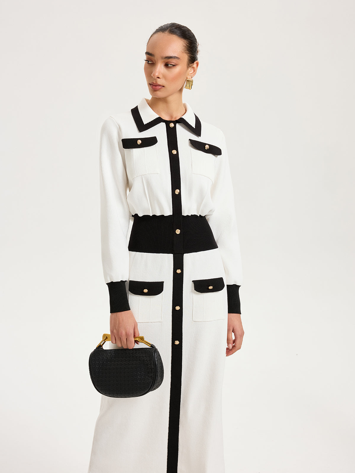 Collared Metal Button Contrast Trim Knit Maxi Dress with Side Slits and Waist Tie