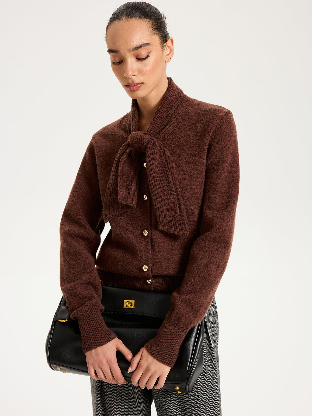 Tie-Neck Metal Button Knit Cardigan with Stylish Ribbed Trim