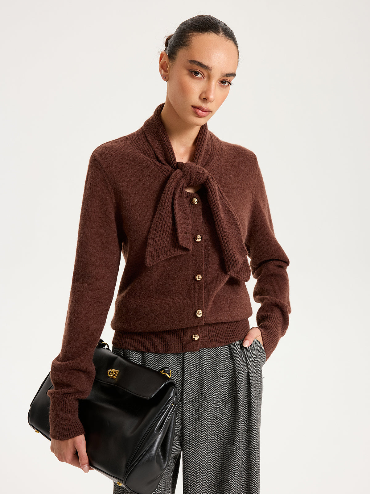Tie-Neck Metal Button Knit Cardigan with Stylish Ribbed Trim