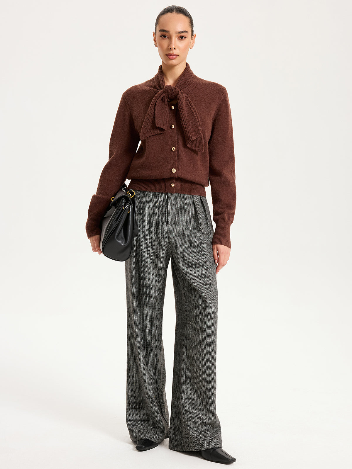 Tie-Neck Metal Button Knit Cardigan with Stylish Ribbed Trim
