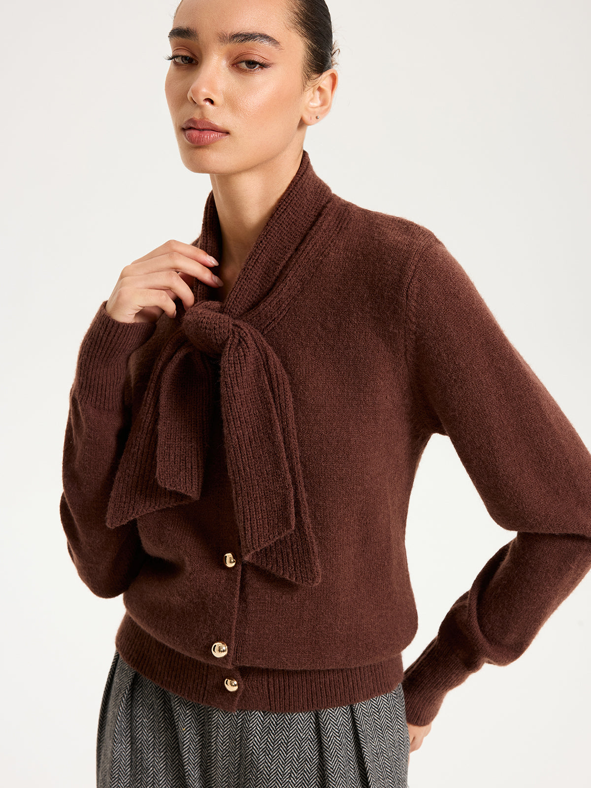 Tie-Neck Metal Button Knit Cardigan with Stylish Ribbed Trim