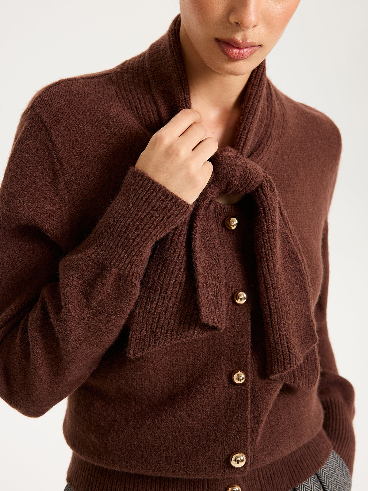 Tie-Neck Metal Button Knit Cardigan with Stylish Ribbed Trim