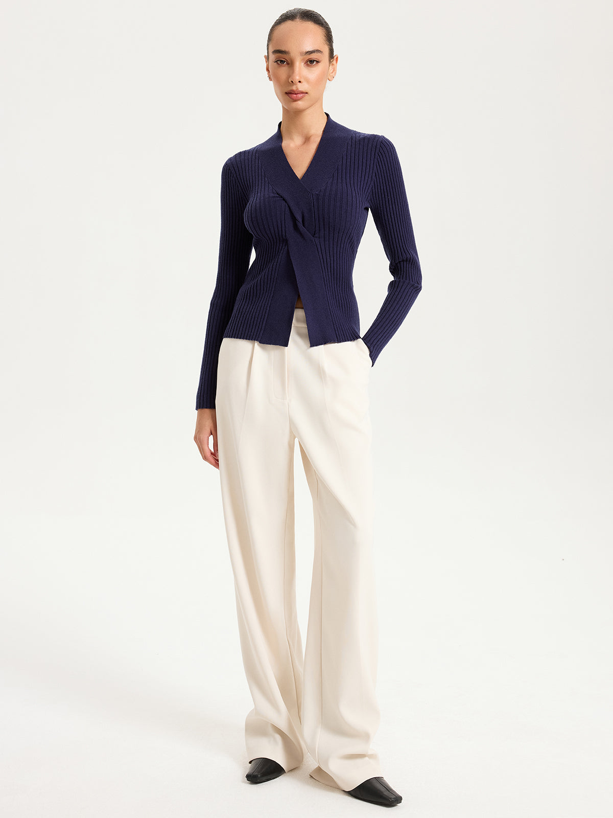 Twisted V-Neck Ribbed Knit Top for Women, Casual Long Sleeve Pullover