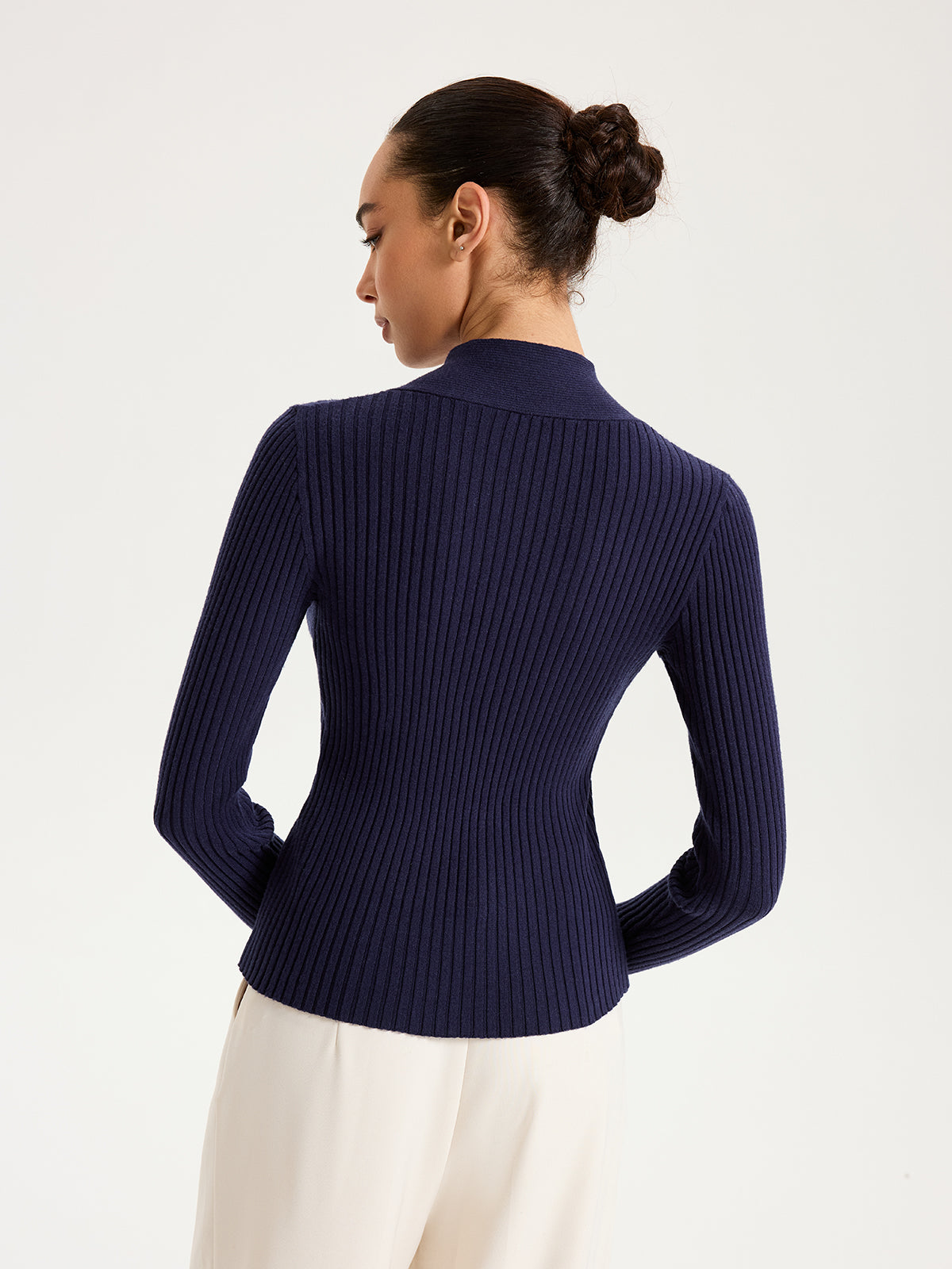 Twisted V-Neck Ribbed Knit Top for Women, Casual Long Sleeve Pullover
