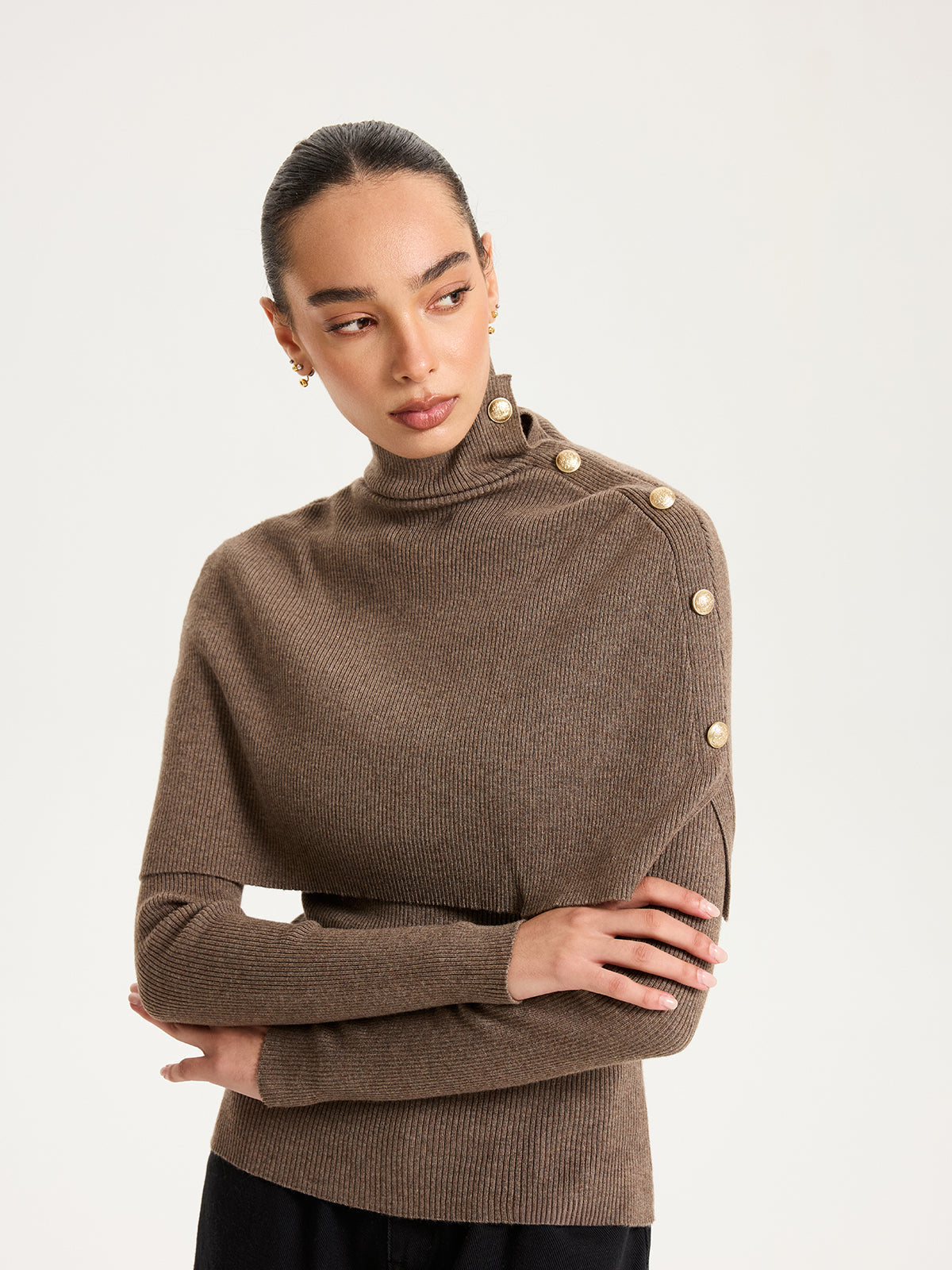 Ribbed Knit Top & Turtleneck Shawl Two-Piece Set, Perfect for Fall Layering
