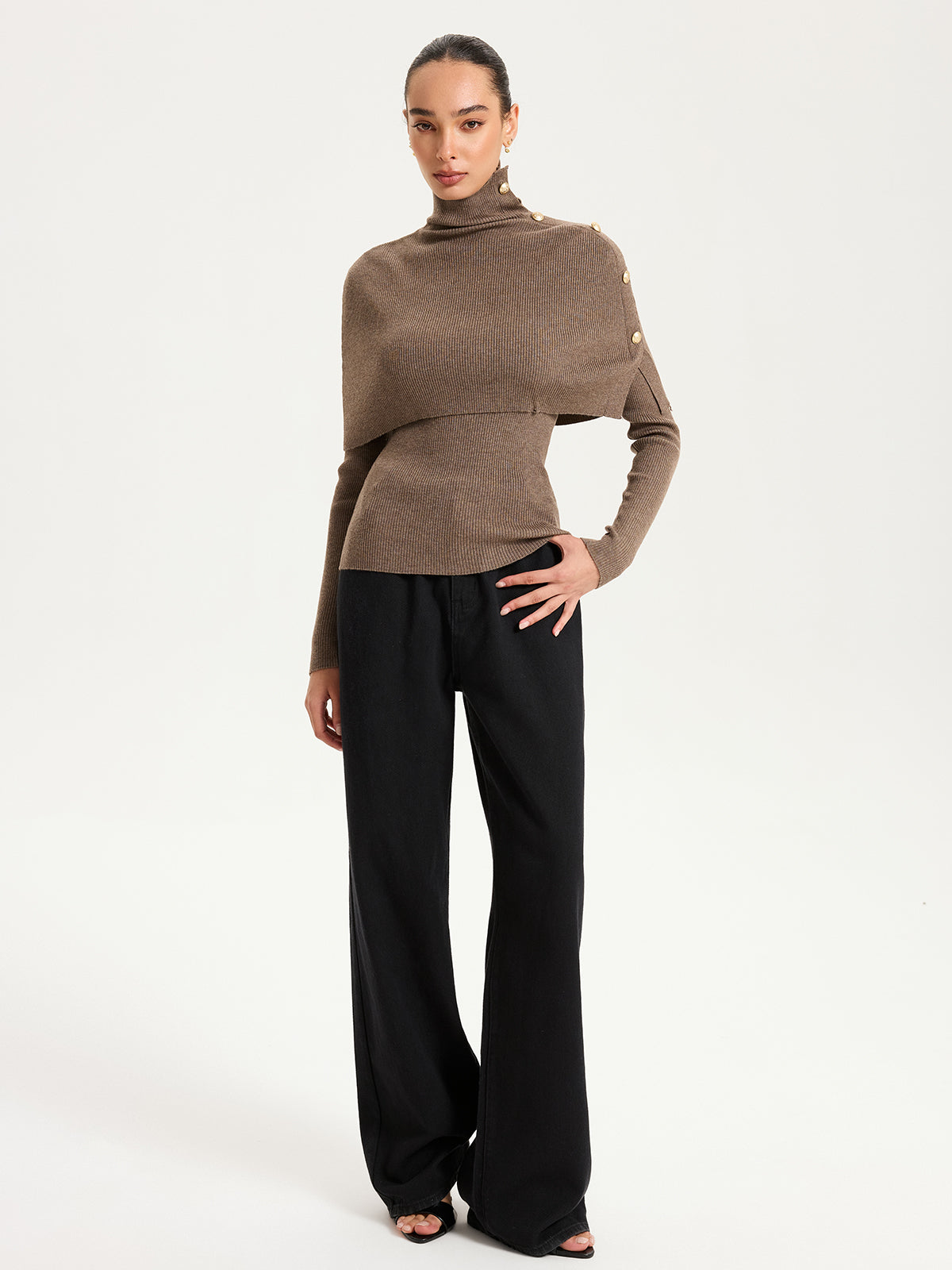 Ribbed Knit Top & Turtleneck Shawl Two-Piece Set, Perfect for Fall Layering