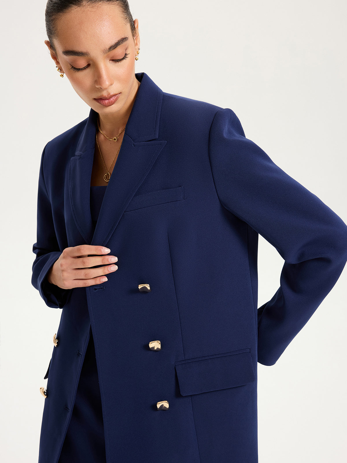 Metal Double-Breasted Oversized Blazer for Women, Trendy Tailored Fit