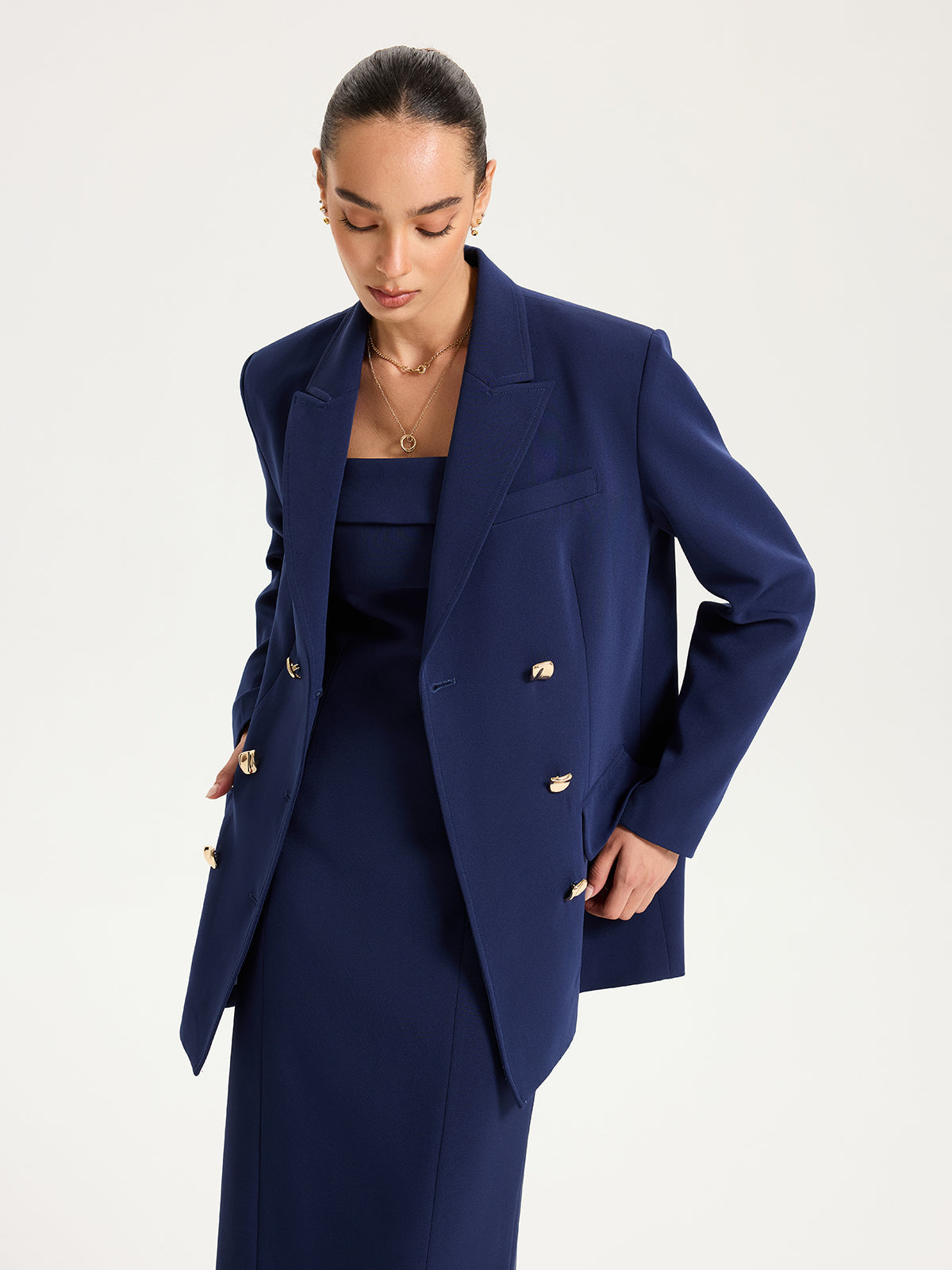 Metal Double-Breasted Oversized Blazer for Women, Trendy Tailored Fit