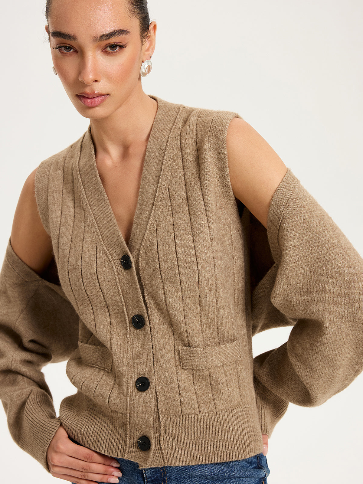 V-Neck Vest and Cardigan Knitted Two-Piece Set, Cozy Women's Winter Apparel