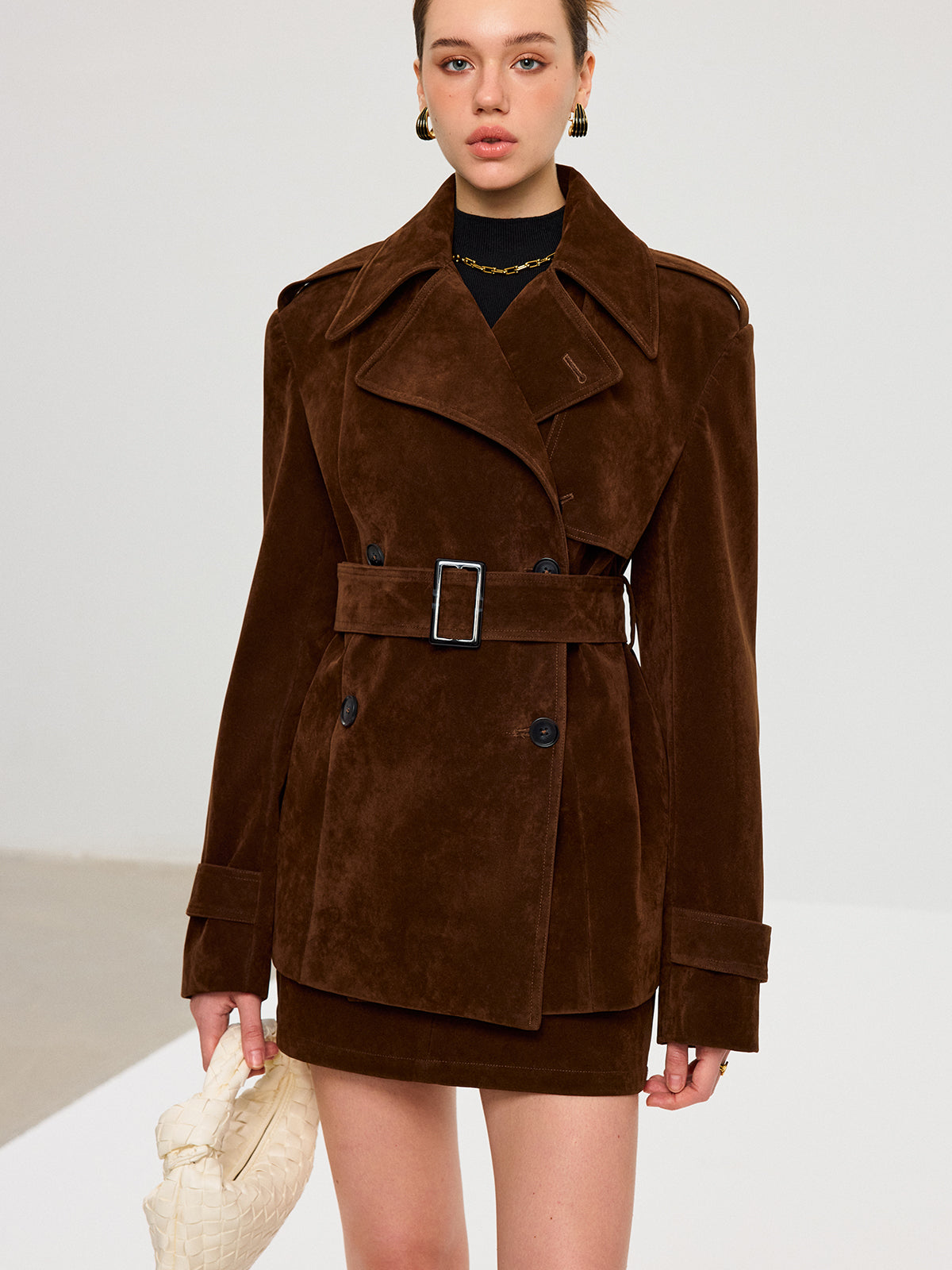 Belted Suede Effect Trench Coat for Women with Pockets