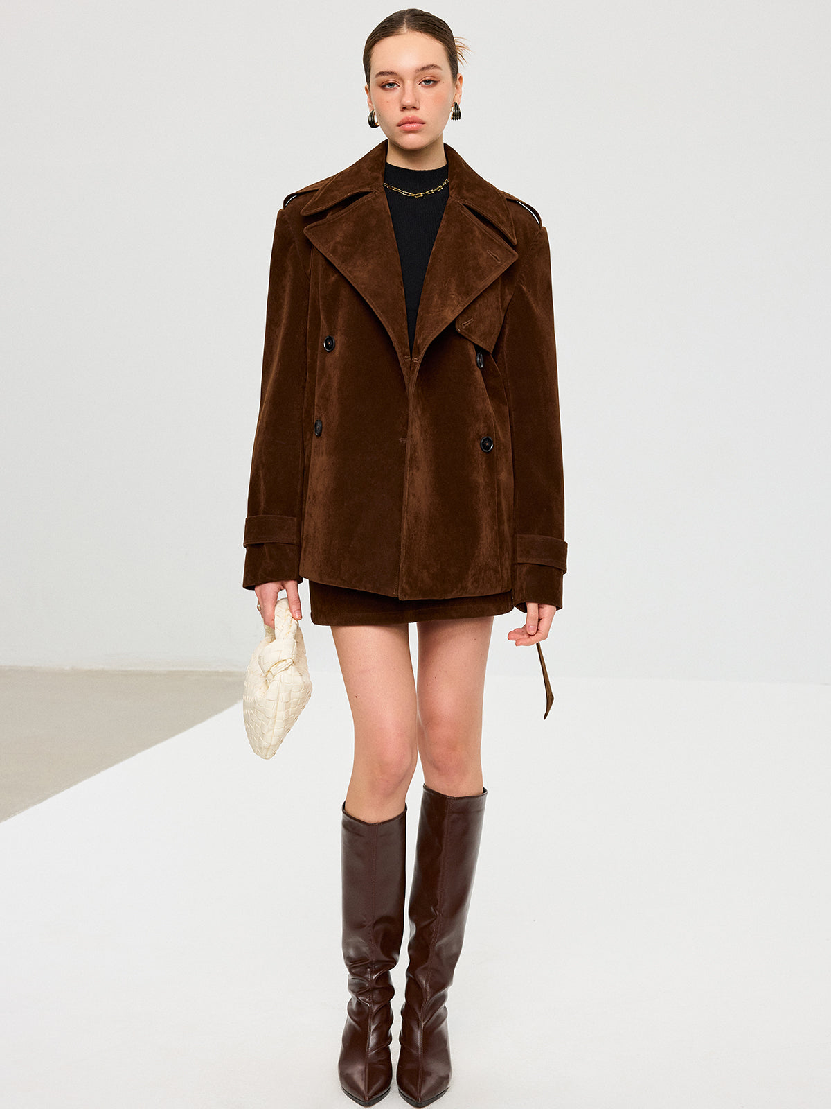Belted Suede Effect Trench Coat for Women with Pockets