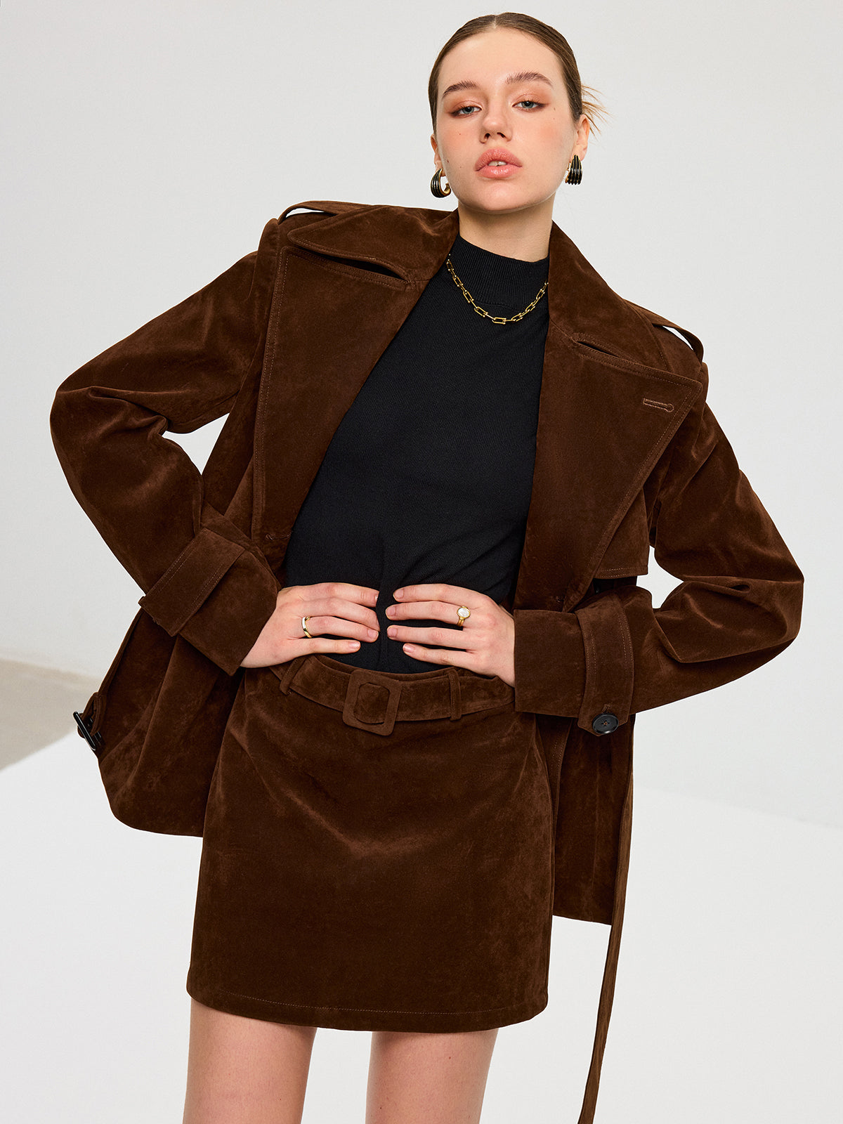 Belted Suede Effect Trench Coat for Women with Pockets