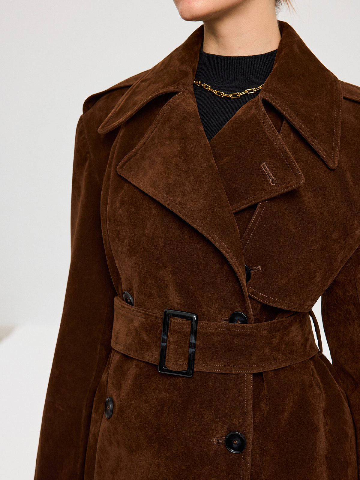 Belted Suede Effect Trench Coat for Women with Pockets