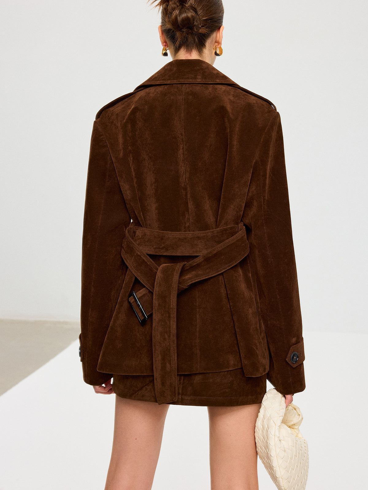 Belted Suede Effect Trench Coat for Women with Pockets