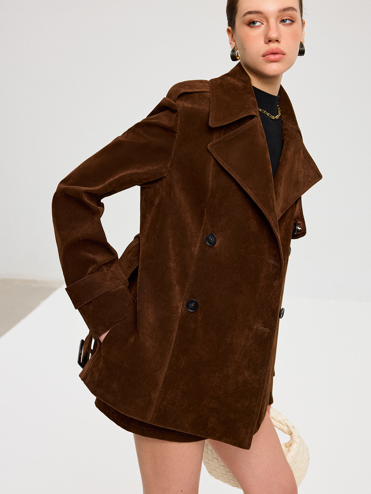 Belted Suede Effect Trench Coat for Women with Pockets