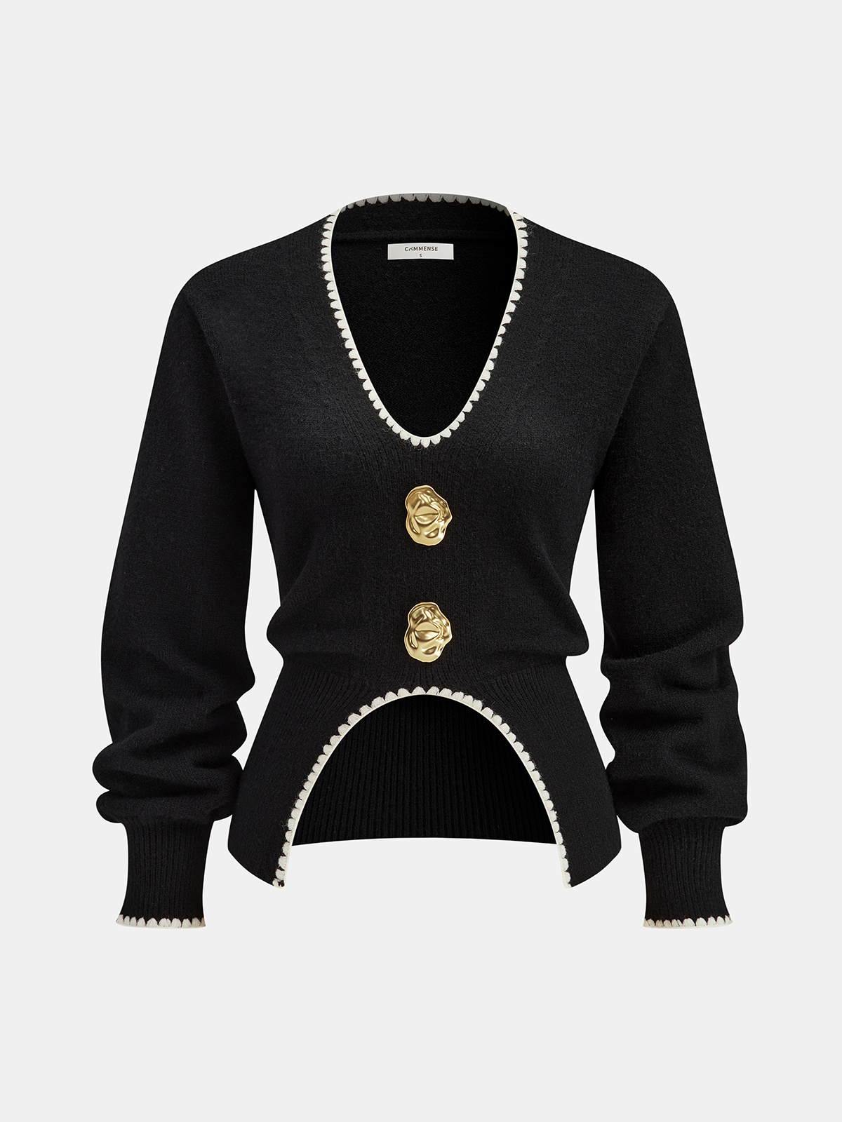 Buttoned Contrast Fringe Split Sweater with Stylish Modern Design