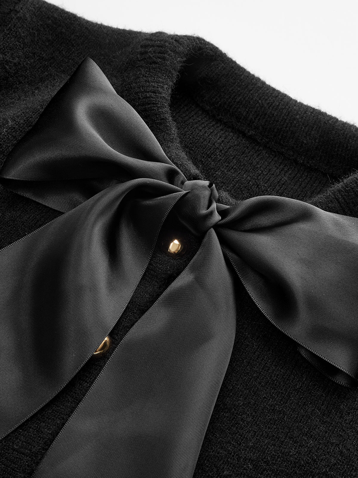 Bow Detail Metal Button Knit Cardigan with Front Pockets and Ribbed Trim