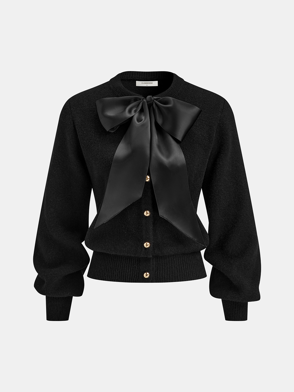 Bow Detail Metal Button Knit Cardigan with Front Pockets and Ribbed Trim