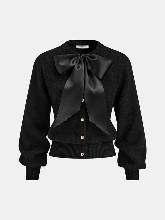 Bow Detail Metal Button Knit Cardigan with Front Pockets and Ribbed Trim