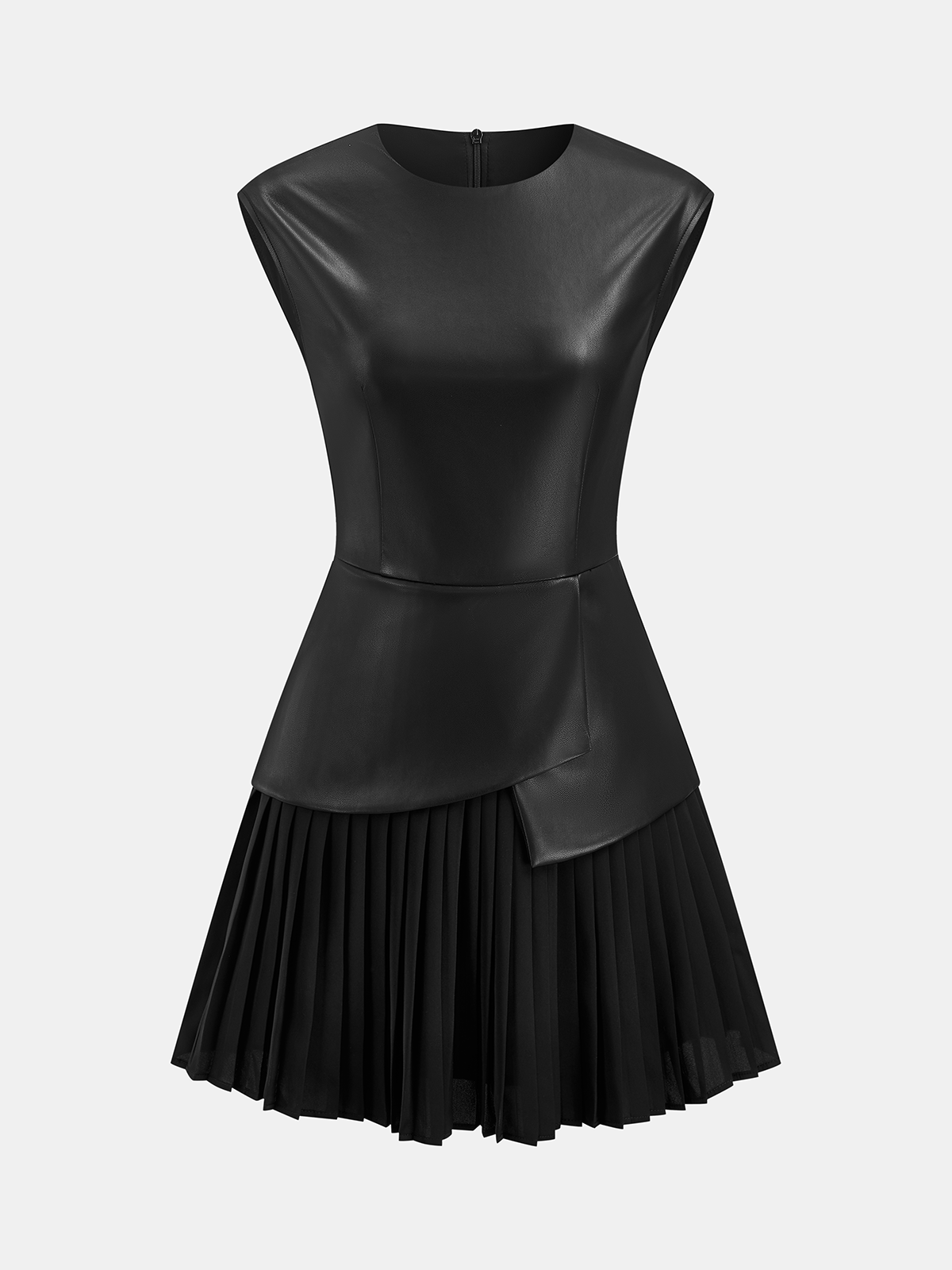 Pleated Panel Sleeveless PU Leather Dress for Women Classic Style