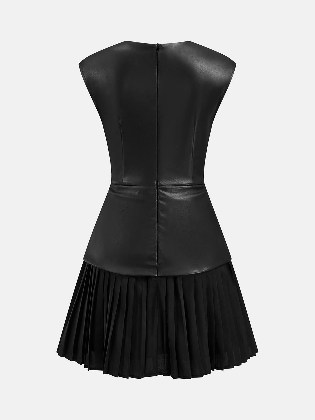 Pleated Panel Sleeveless PU Leather Dress for Women Classic Style
