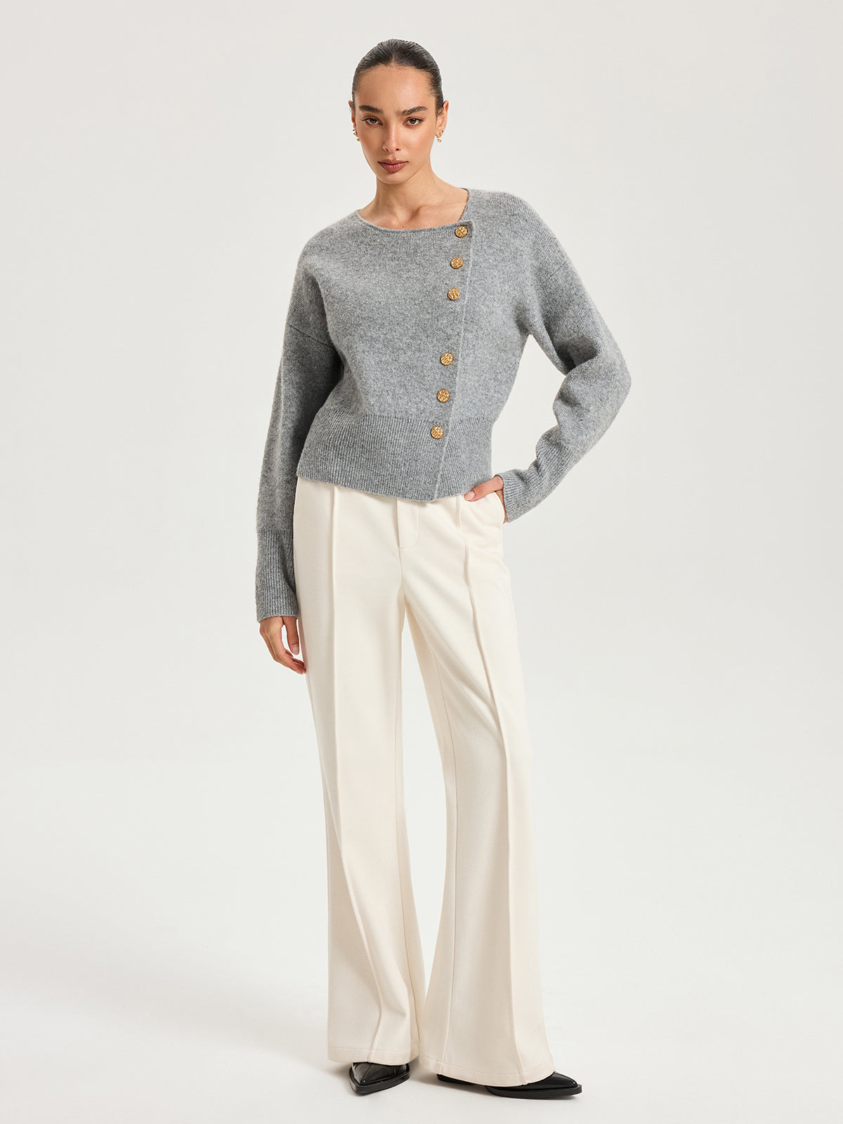 Asymmetric Metal Button Wool-Blend Cardigan for Women