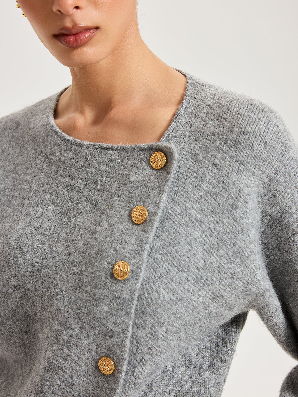Asymmetric Metal Button Wool-Blend Cardigan for Women