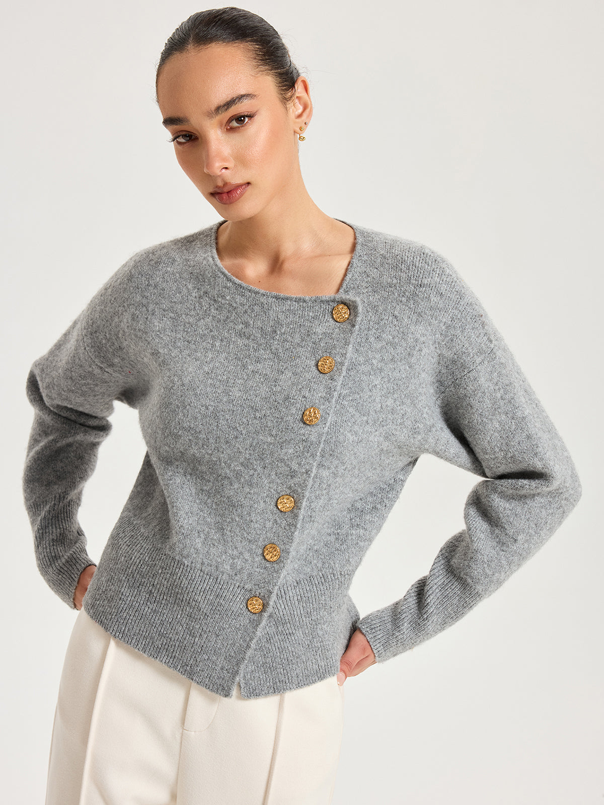 Asymmetric Metal Button Wool-Blend Cardigan for Women
