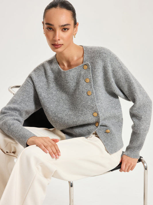 Asymmetric Metal Button Wool-Blend Cardigan for Women