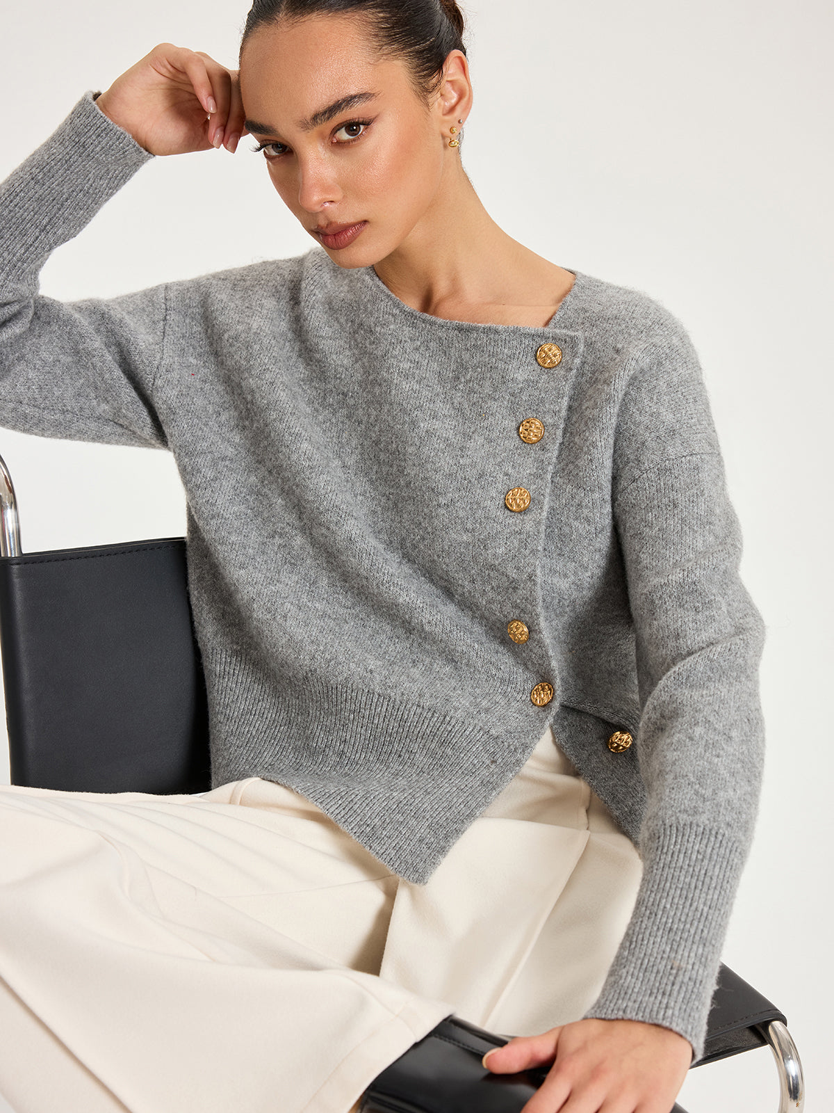 Asymmetric Metal Button Wool-Blend Cardigan for Women