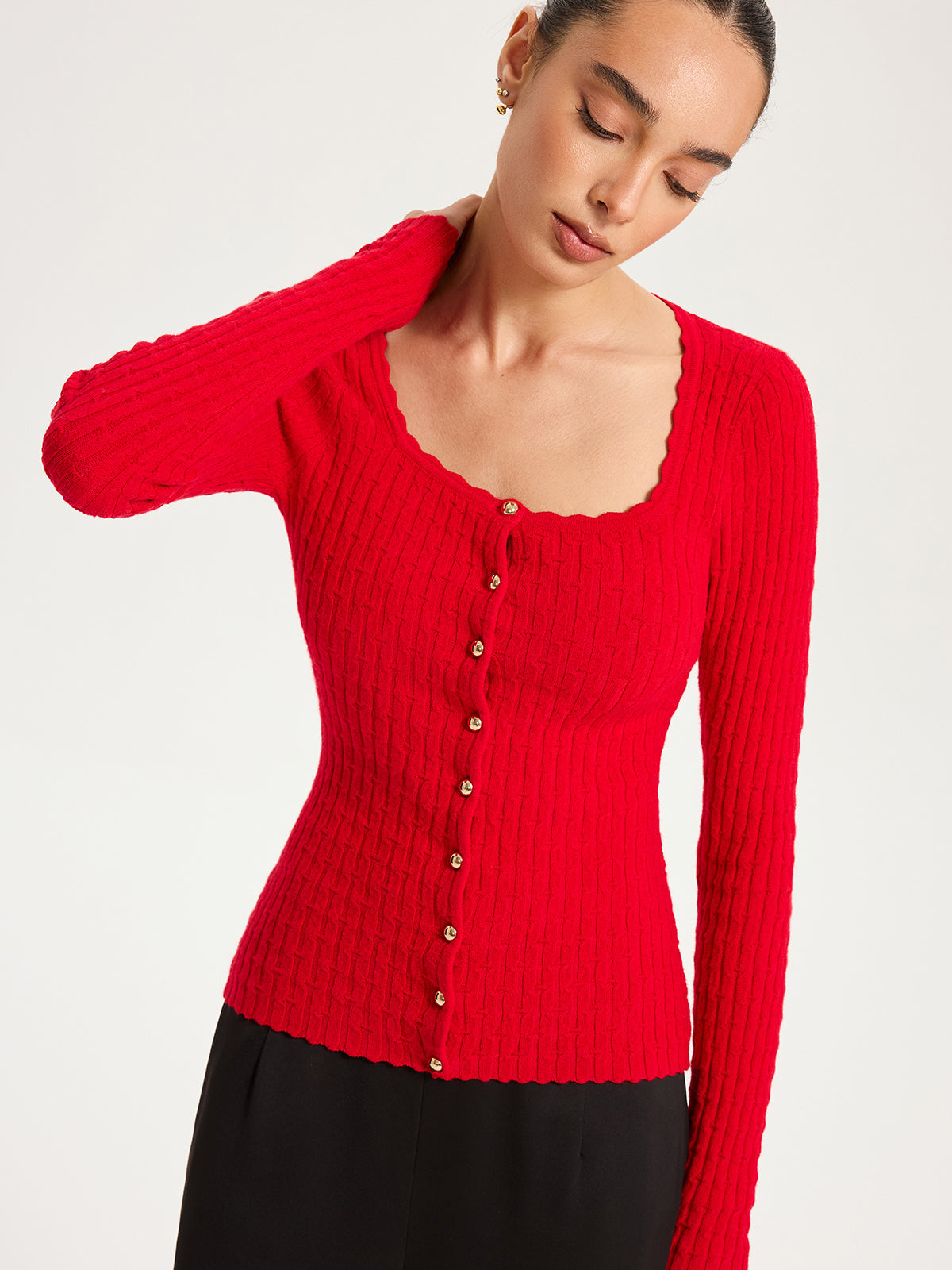 Wool-Blend Cable-Knit Metal Button Cozy Women's Cardigan Sweater
