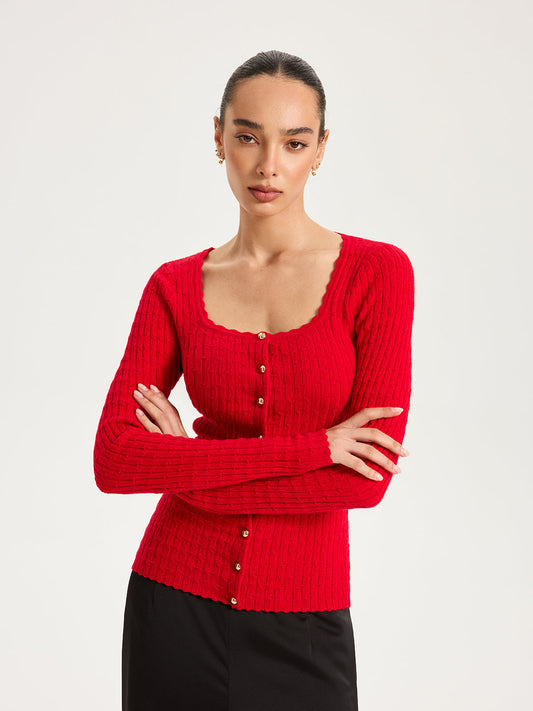 Wool-Blend Cable-Knit Metal Button Cozy Women's Cardigan Sweater
