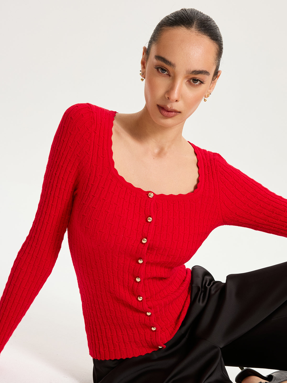 Wool-Blend Cable-Knit Metal Button Cozy Women's Cardigan Sweater