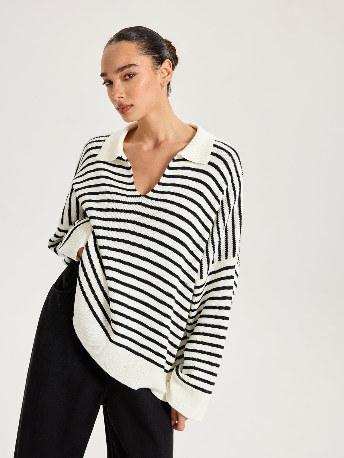 Striped Polo V-Neck Knit Top for Casual Wear