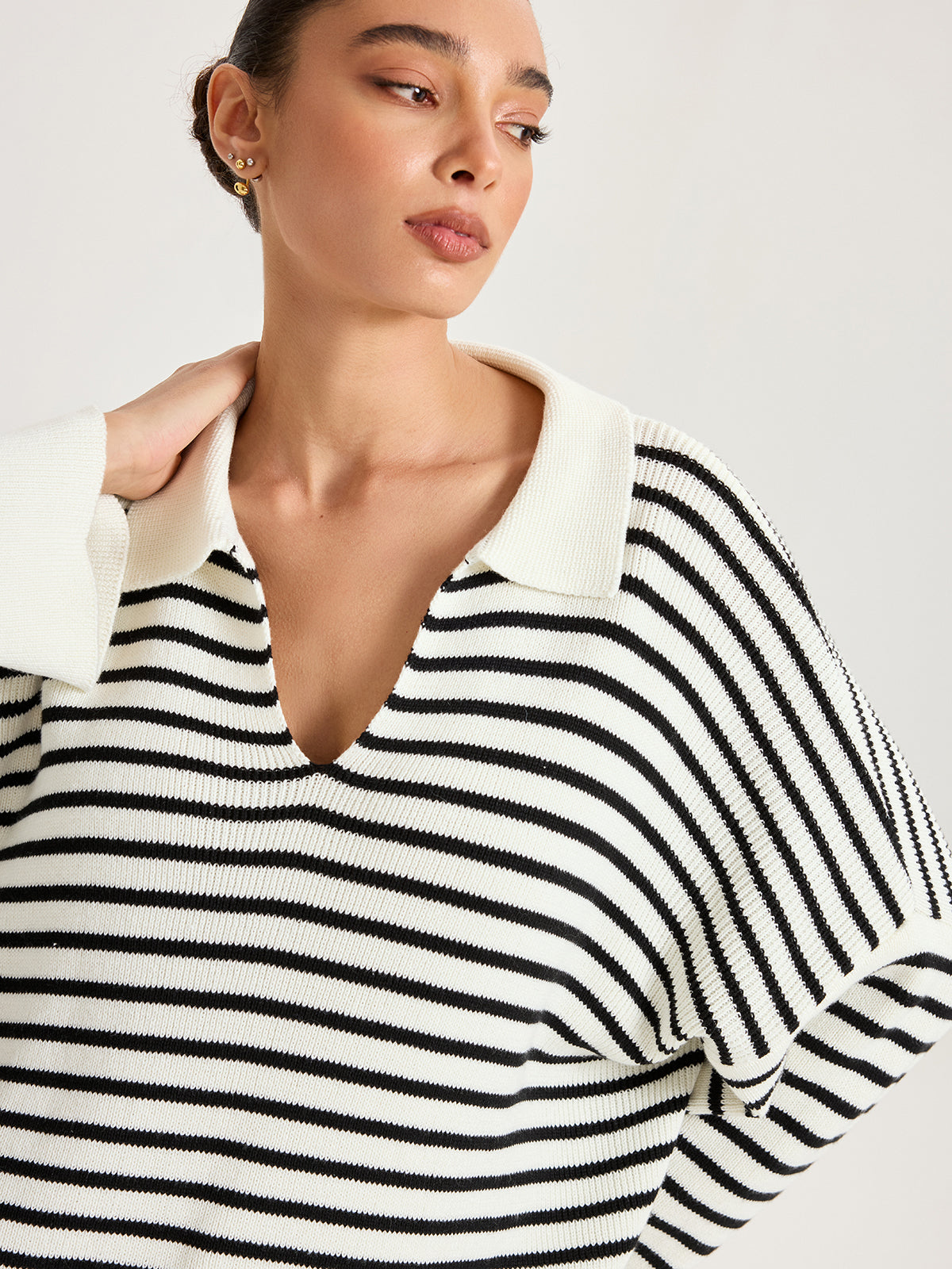 Striped Polo V-Neck Knit Top for Casual Wear