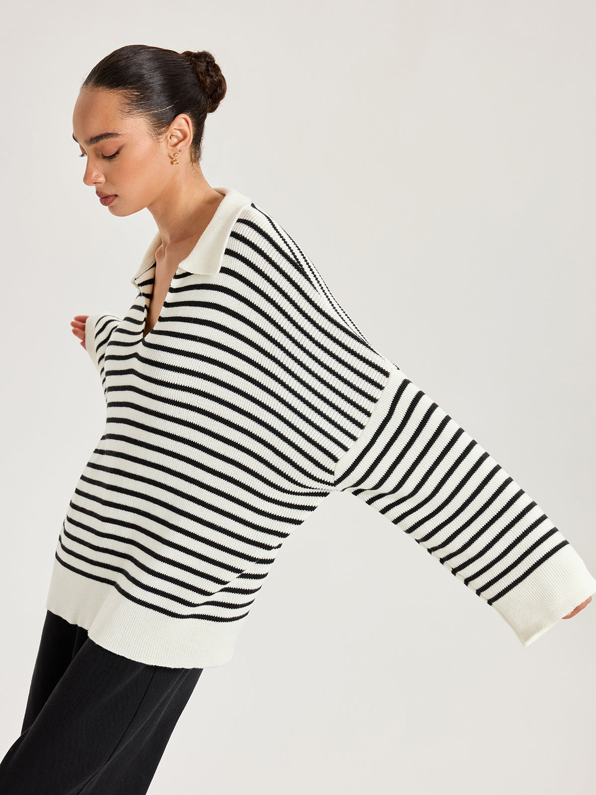 Striped Polo V-Neck Knit Top for Casual Wear