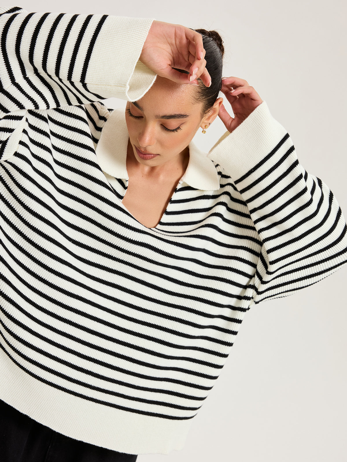 Striped Polo V-Neck Knit Top for Casual Wear