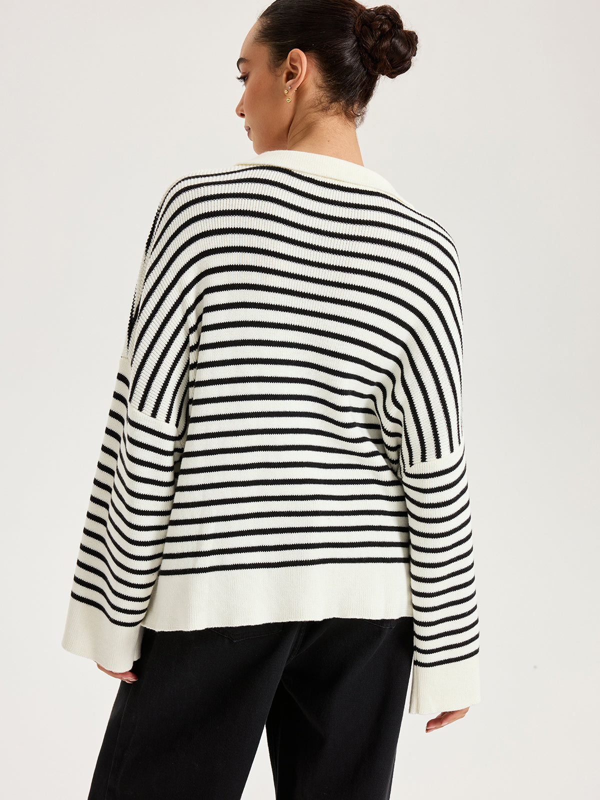 Striped Polo V-Neck Knit Top for Casual Wear