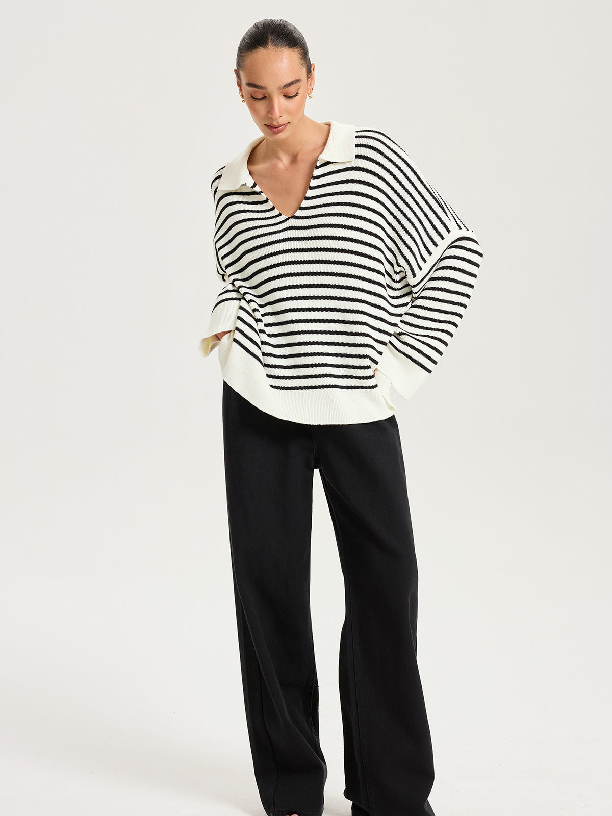 Striped Polo V-Neck Knit Top for Casual Wear