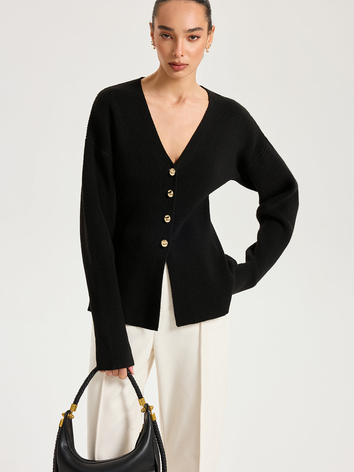 Wool-Blend V-Neck Button Cardigan with Pockets for Women