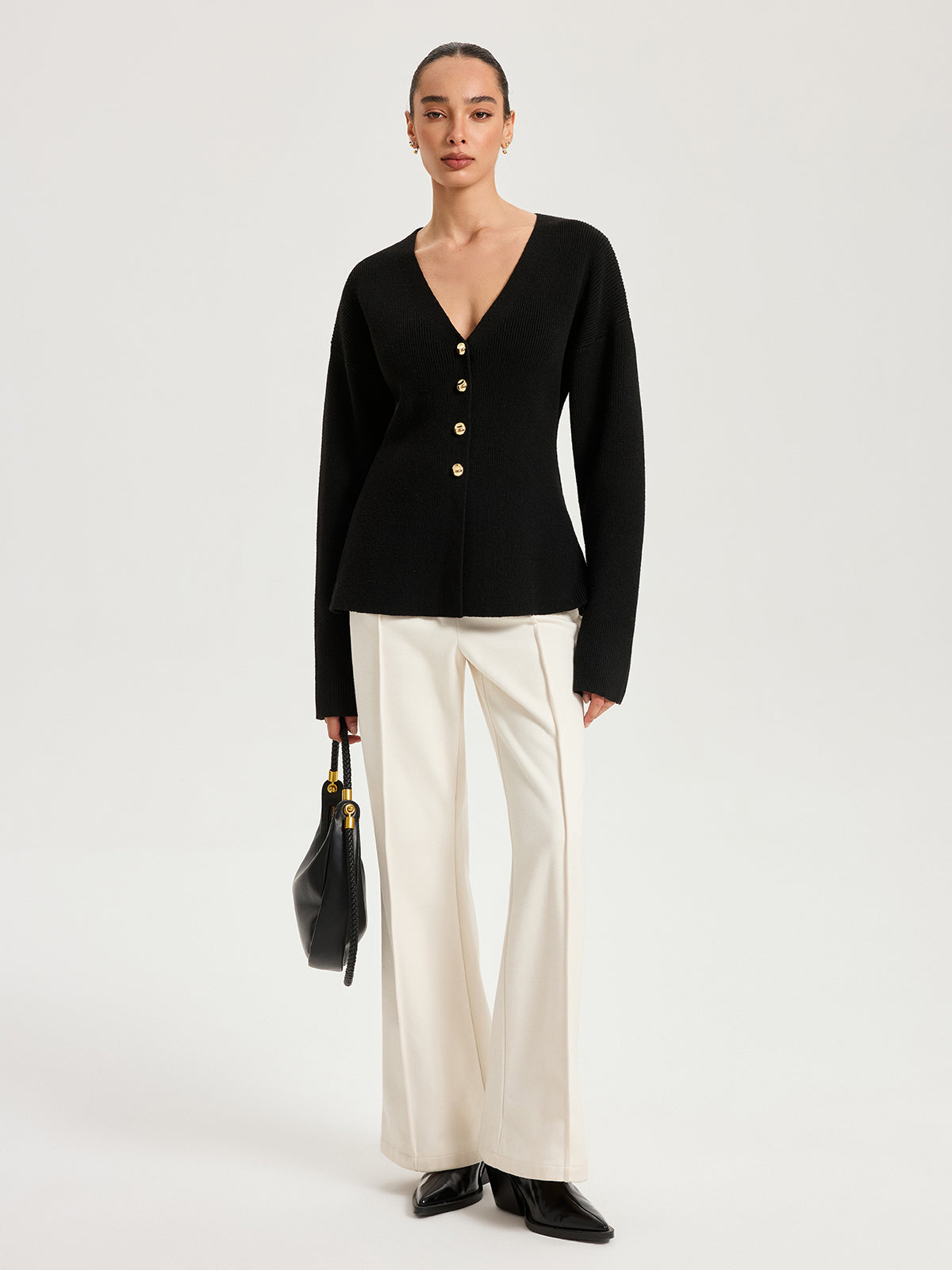 Wool-Blend V-Neck Button Cardigan with Pockets for Women