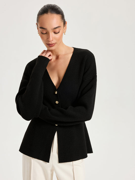 Wool-Blend V-Neck Button Cardigan with Pockets for Women