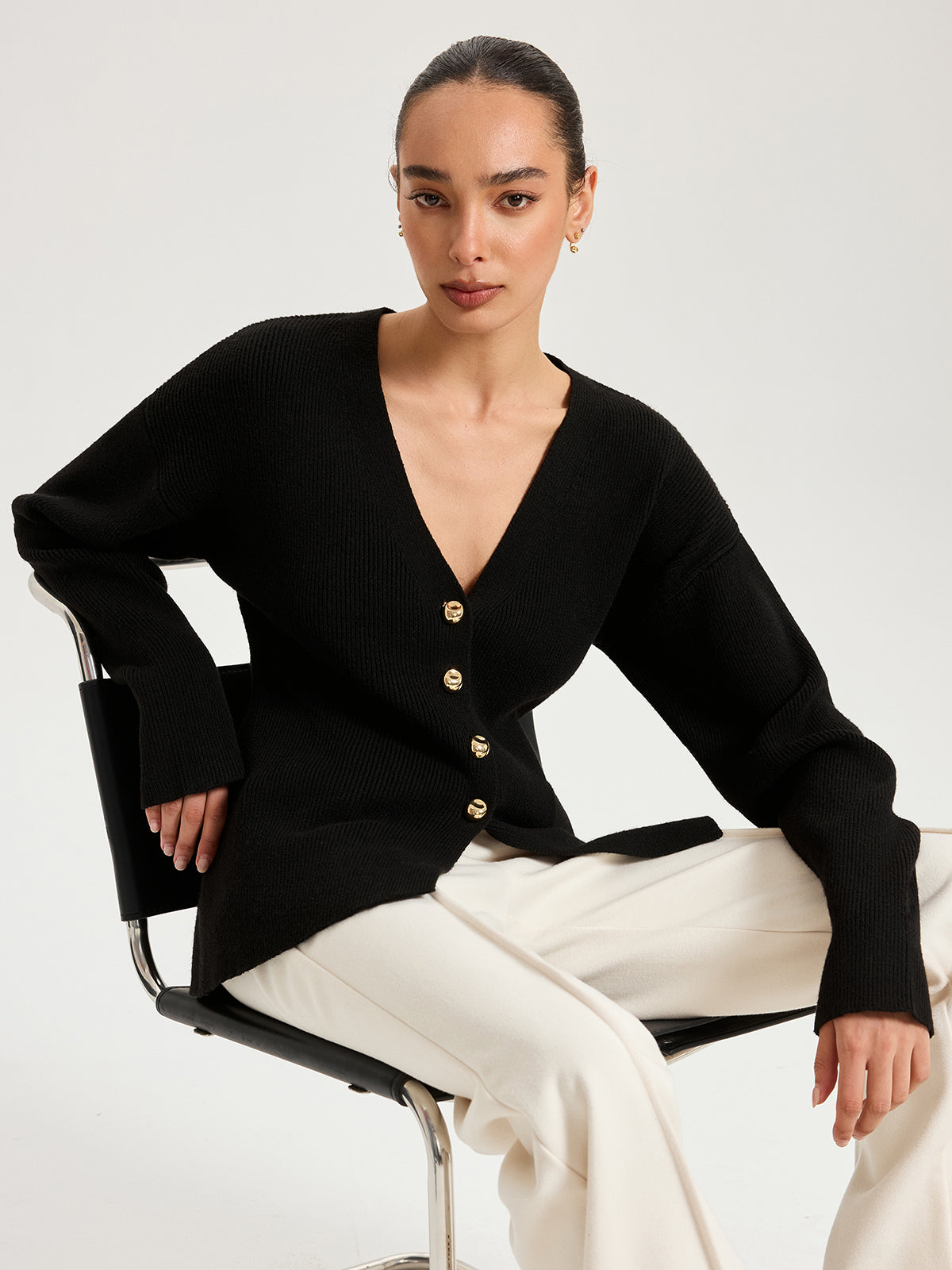 Wool-Blend V-Neck Button Cardigan with Pockets for Women